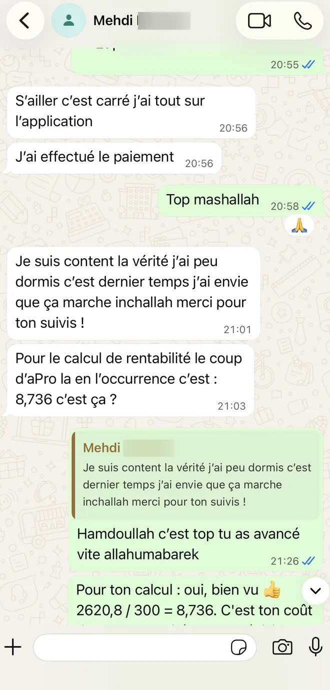 Message d’un client : première commande payée